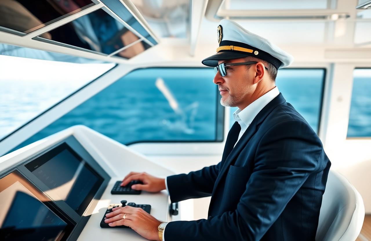 Professional captain reviewing navigation screens on a modern yacht bridge