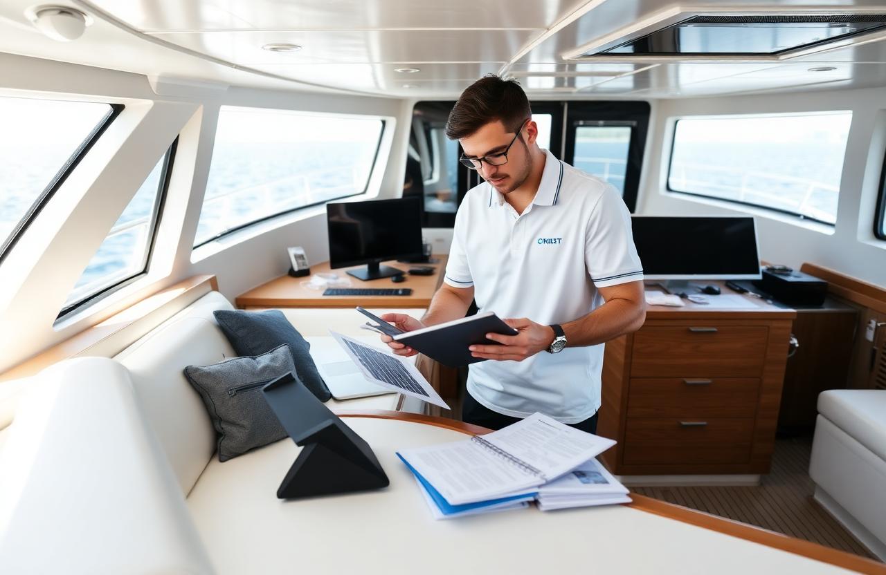 Crew member organizing documents and certificates aboard a yacht