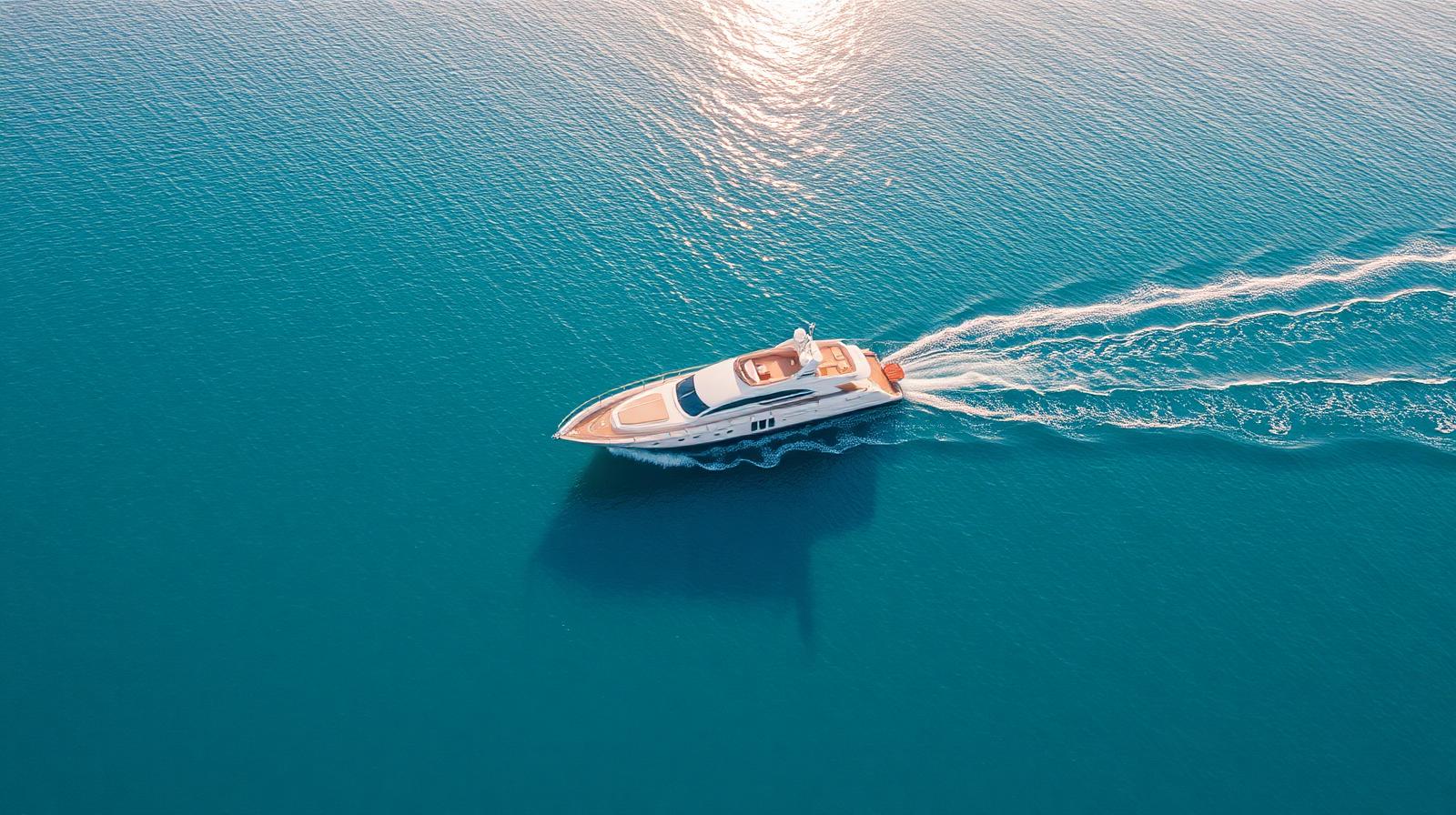 Luxury motor yacht cruising open water — aerial view